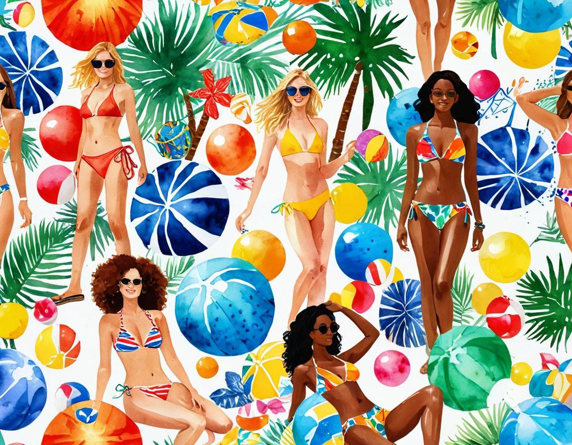 A vibrant collage showcasing a variety of swimwear styles, from sporty bikinis to luxurious resort swimsuits. Include models of diverse backgrounds enjoying a sunny beach setting, with beach balls, sun loungers, and palm trees in the background. Emphasize bright colors and playful patterns to highlight the fun aspect of swimwear. The image should evoke a sense of summer and relaxation. watercolor illustration. bright colors. summer vibes.